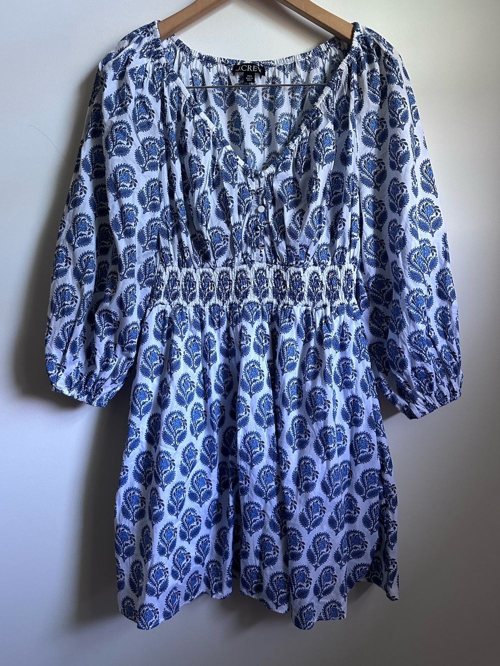J.Crew V-Neck Mini Dress XXS Blue White Bouquet Block Print Cotton Smocked - Picture 2 of 11